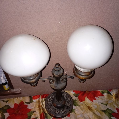 Vintage brass table lamp with two globe shades used, authentic handmade