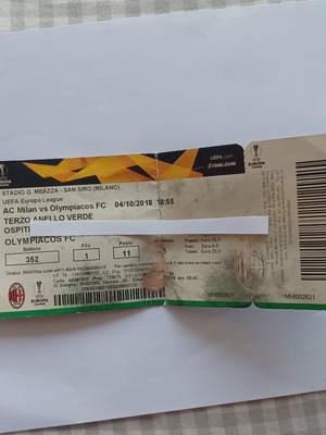 AC Milan vs Olympiacos FC Ticket Stub used, UEFA Europa League 2018
