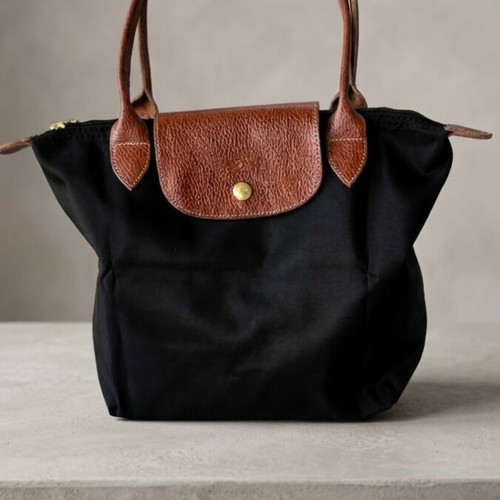 Foldable practical shoulder bag, black with brown details