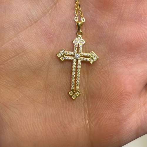 Silver gold-plated cross with chain and zircon, new