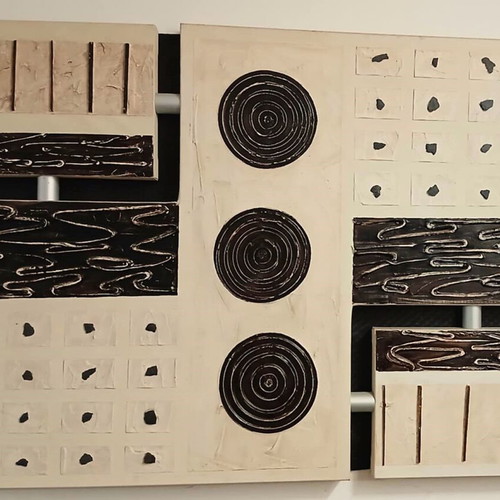 Handmade wall canvas painting like new with embossed details inox and leather