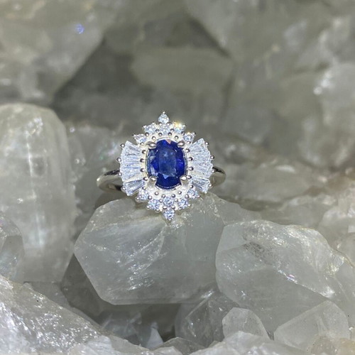 Handmade silver ring with natural blue sapphire and moissanites, new