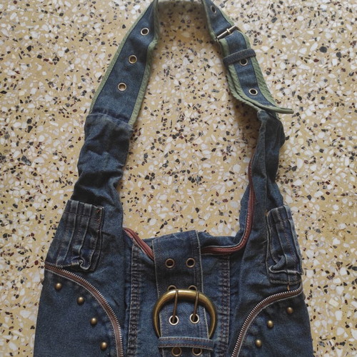 Vintage denim shoulder bag, blue multicolor
