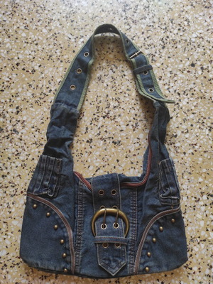 Vintage denim shoulder bag, blue multicolor