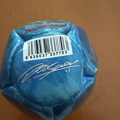 Decorative Barcelona ball with Messi, Xavi, Iniesta signatures
