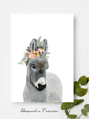 Donkey Poster with Floral Wreath Fine Art New