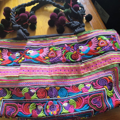 Handmade ethnic boho shoulder bag with colorful traditional Hmong embroidery