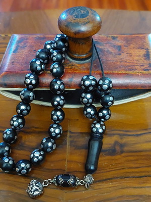 Komboloi with 27 ebony beads and silver metal inlays new