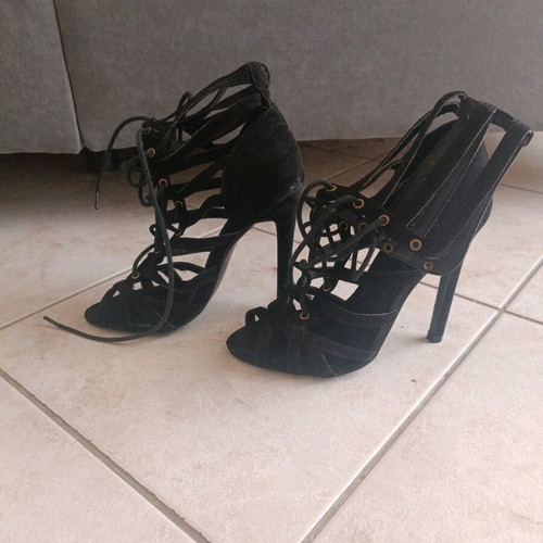 GoGo Shoes black heels new with laces and suede texture