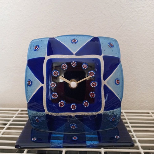 Venetian table clock used, blown glass blue with flowers