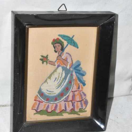 Vintage Handmade Embroidered Picture with Female Figure and Umbrella 14x17.5 cm used