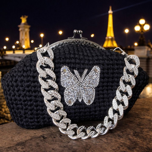 Handmade black knitted handbag with rhinestone butterfly and crystals, new