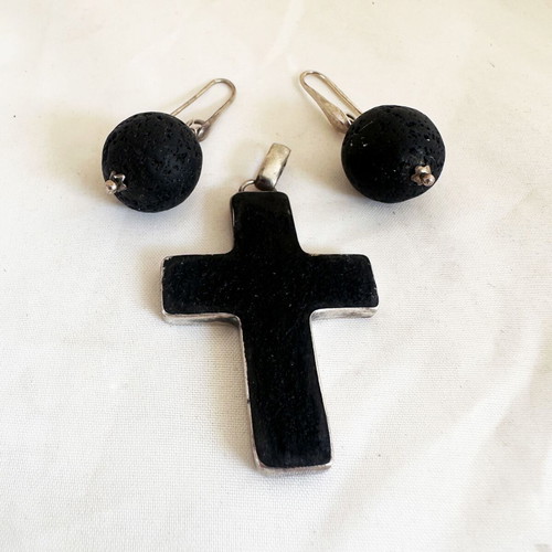 Vintage silver cross and lava stone earrings set with mother of pearl