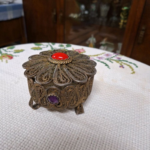 Turkish jewelry box handmade silver used with red stone