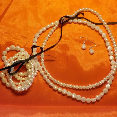 Pearl set necklace, bracelets and earrings with black satin ribbon