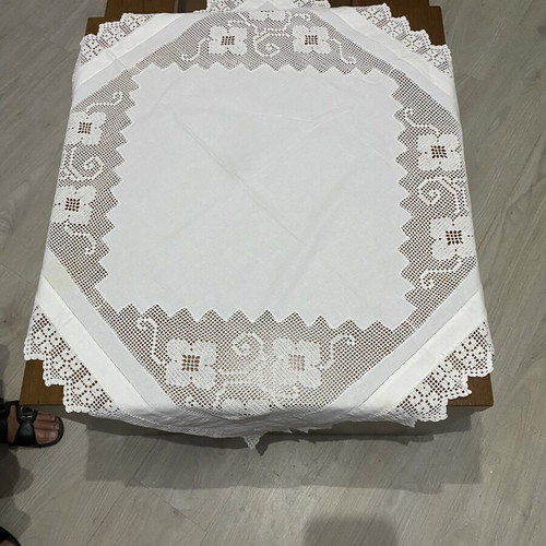 Handmade Tablecloth 85x85cm with Wide Filet Crochet Lace, White Linen