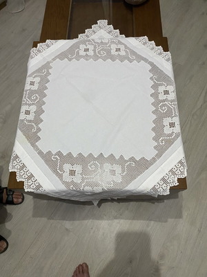 Handmade Tablecloth 85x85cm with Wide Filet Crochet Lace, White Linen