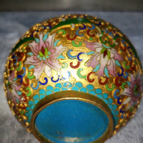 Vintage Cloisonne vase with gilded base and floral enamel design