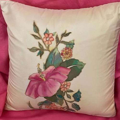 Hand-painted all-silk pillow with hibiscus new