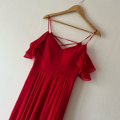 Red maxi dress with ruffles, slit and open back like new