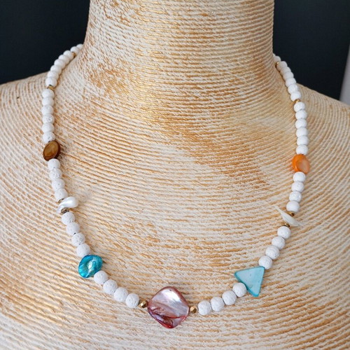 Handmade women's necklace with mother of pearl and lava stone new