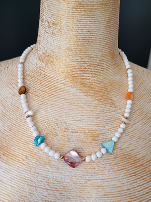 Handmade women's necklace with mother of pearl and lava stone new
