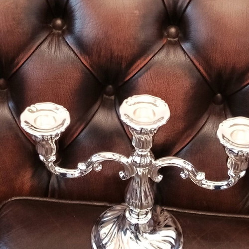 Silver-plated ornate three-arm candlestick new, excellent quality
