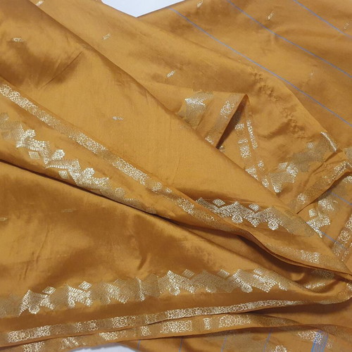 Indian sari with gold embroidery used, ochre fabric with blue stripes