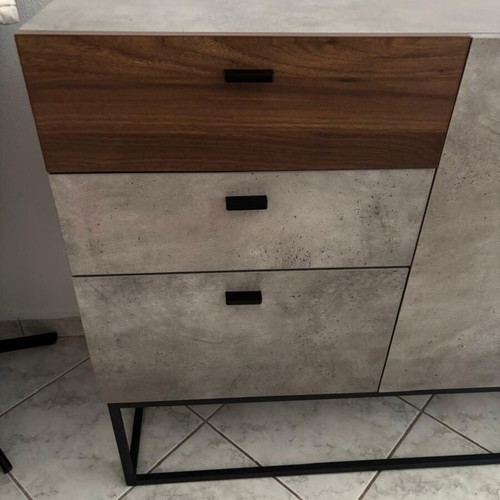 Living room furniture set cement grey with wood and black metal legs like new