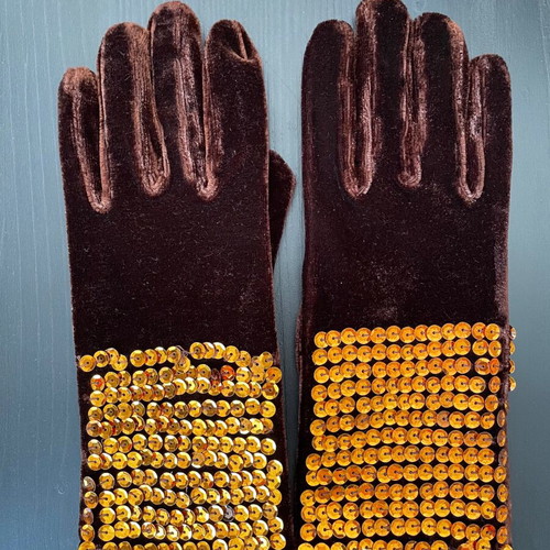 Velvet women's gloves new, brown with gold sequins