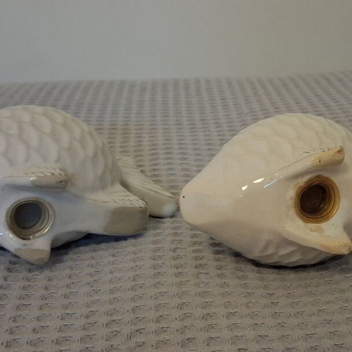 Salt and pepper set fish design used, white porcelain 13.5cm