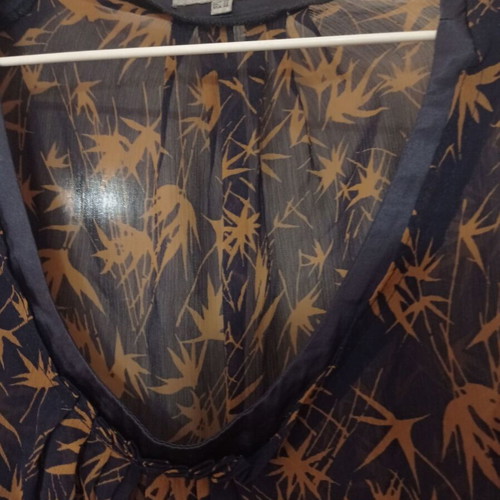 Ipekyol Sheer Chiffon Shirt L Navy Blue with Gold Floral Pattern Like New