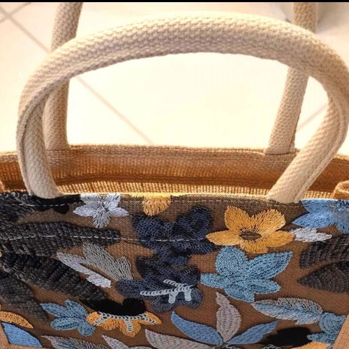 Floral Summer Straw Bag with Embroidered Flowers and Sequins