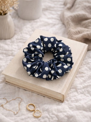 Scrunchie hair tie dark blue with white polka dots new