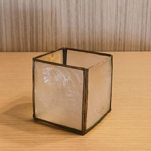 Vintage Boho Capiz Shell and Metal Cube Candle Holder