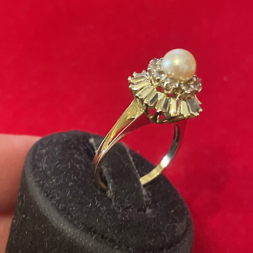 Gold ring 14k with pearl and semi-precious stones, used, size 55