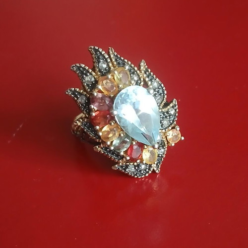Ring with semiprecious stones, 9K gold, 925 silver and old cut diamonds, 17 mm