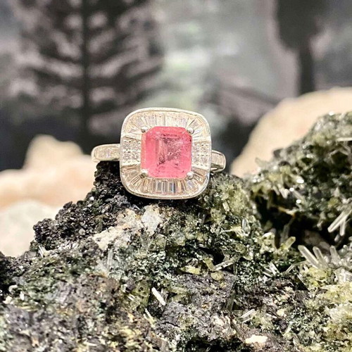 Handmade silver ring with natural pink tourmaline and moissanite