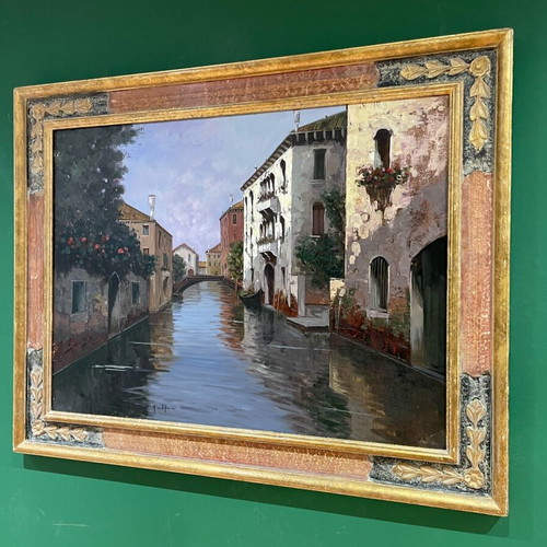 Oil painting used, embossed canal scene with handmade wooden frame