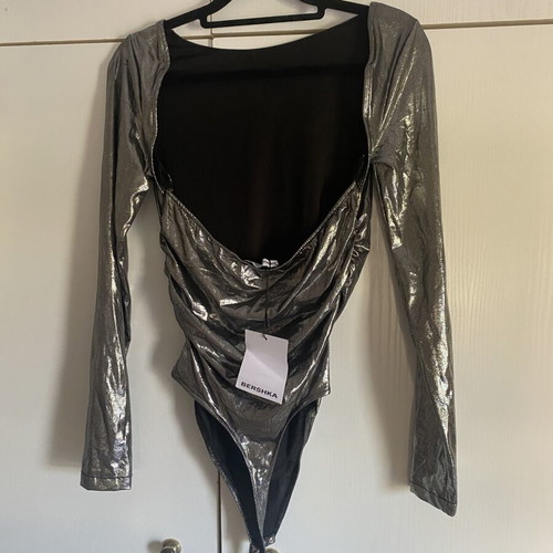 Silver bodysuit with long sleeves, new, Bershka, size L