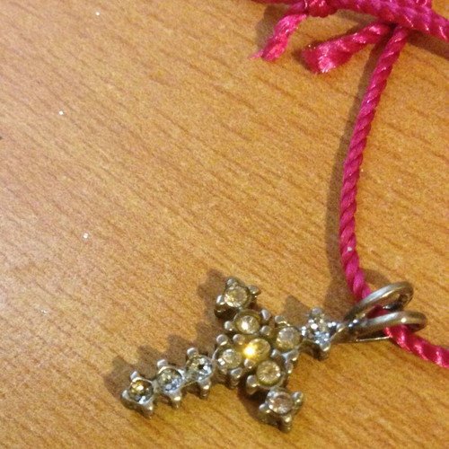 Handmade bracelet with cross used, pink and silver
