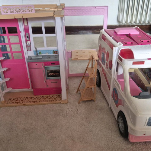 Barbie house and ambulance used, various items