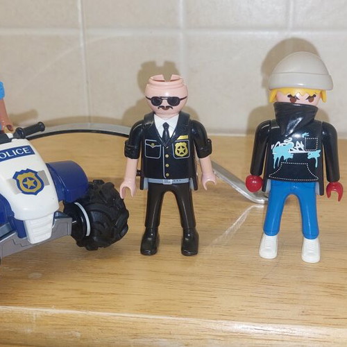 Playmobil set of 3 including water cannon, police with bike, graffiti officer