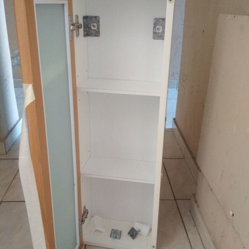 Bathroom cabinet used, lacquered ecru with oak frame and frosted glass door