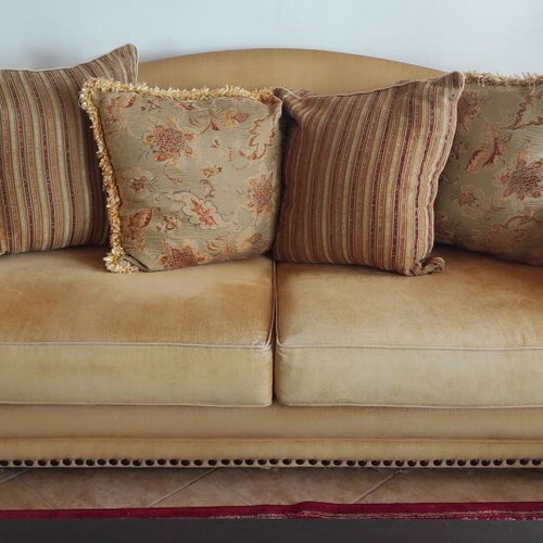 Classic sofa set used, three-seater and two-seater, beech wood with Dutch fabric