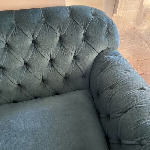 Vintage Spanish Chesterfield sofa set 3+2+armchair used, velvet petrol
