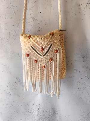 Boho crossbody bag macrame style used, beige with beads and fringes