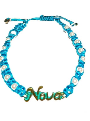 Handmade macrame bracelet «Nona» with white pearls and turquoise cotton thread new