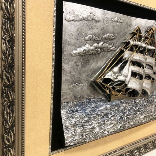Embossed ship painting like new with carved frame 70x90cm