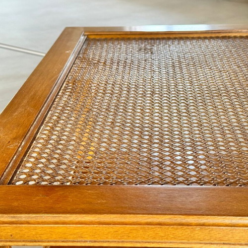 Rattan table used, walnut and glass